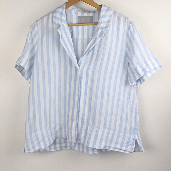 Everlane Tops - Everlane Linen Notch Blue White Stripe Top
